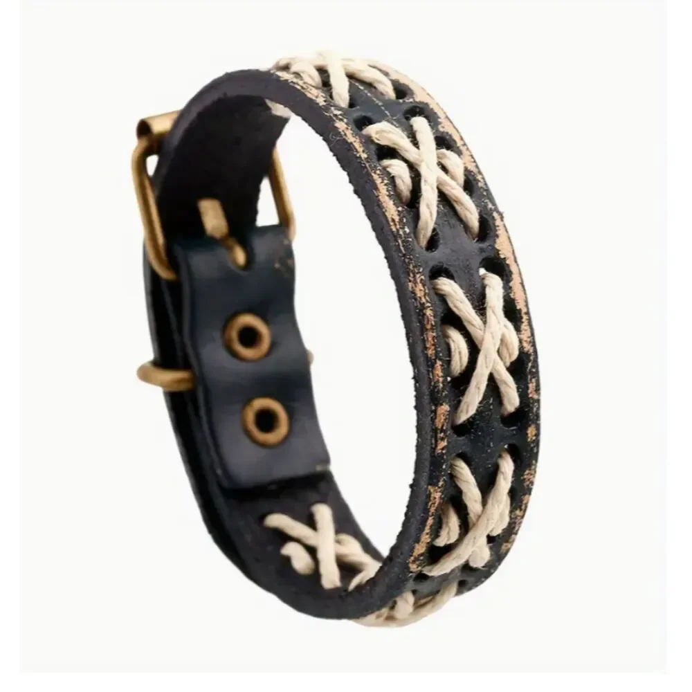 Mens Faux Brown Leather Snap Bracelet Beige X Stitching